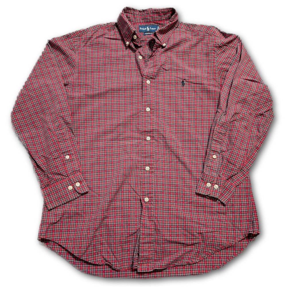 Ralph Lauren Classic Fit Mens 16/32-33 Button-Down Shirt Red Pony Woven Plaid 16